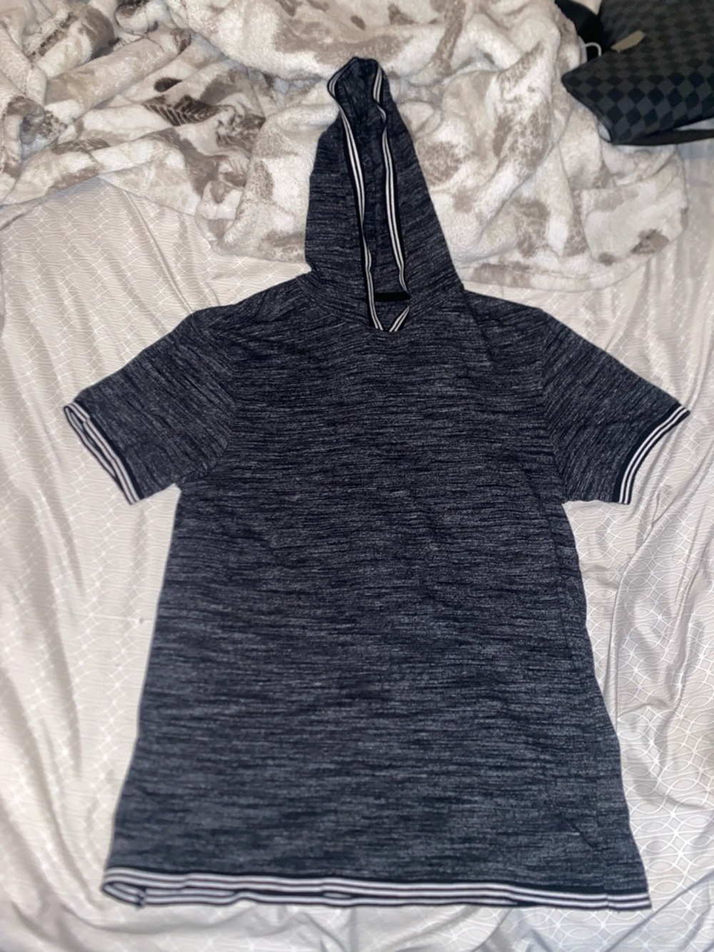 Short-Sleeve Hooded Knit Pullover - Navy Heather